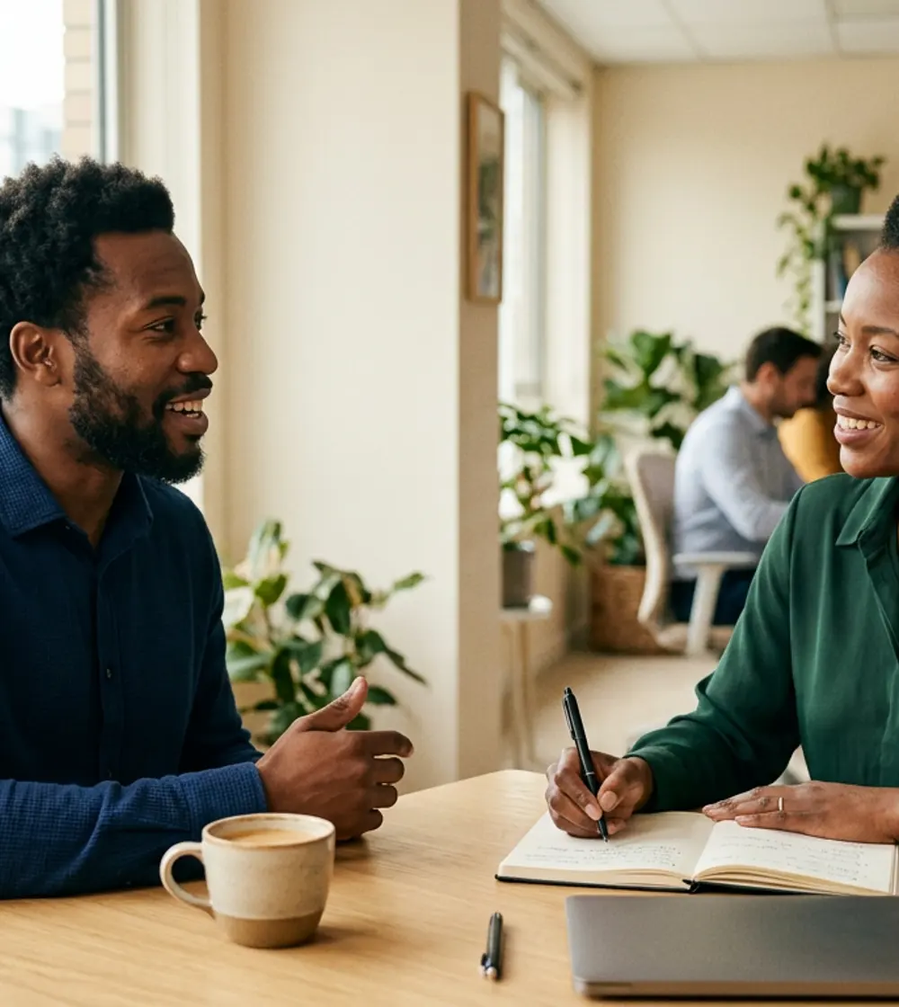 A recruiter and a candidate in a relaxed hiring conversation