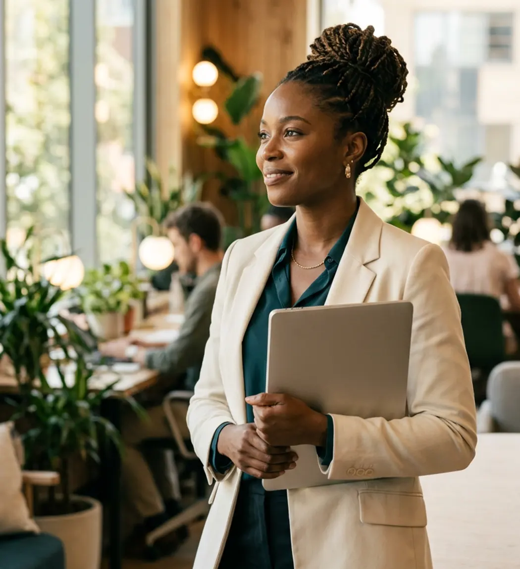A confident professional standing in a modern co-working space