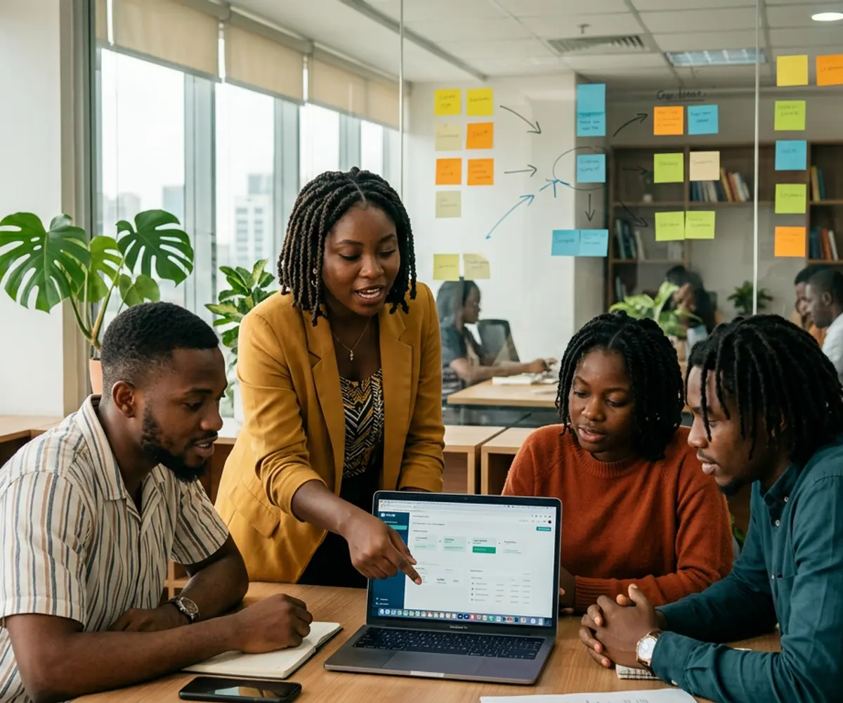 A team of professionals collaborating around a laptop in a modern African workplace